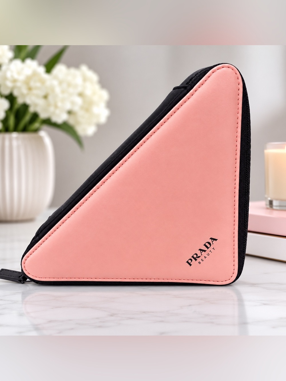 Pink Triangular Cosmetic Pouch with Black Trim